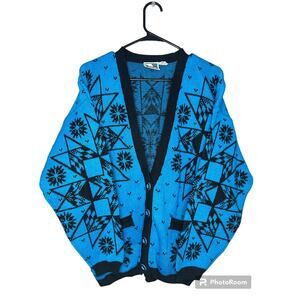 Vintage In The Park Blue Black Patterned Chunky Knit Button Down Cardigan Size M
